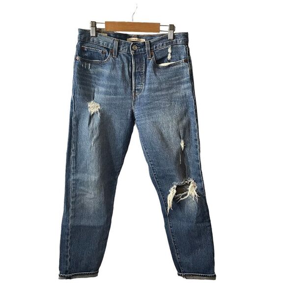 Levi's Wedgie Dark Wash Premium Denim Distressed Ripped Jeans Size 27 - Picture 1 of 9